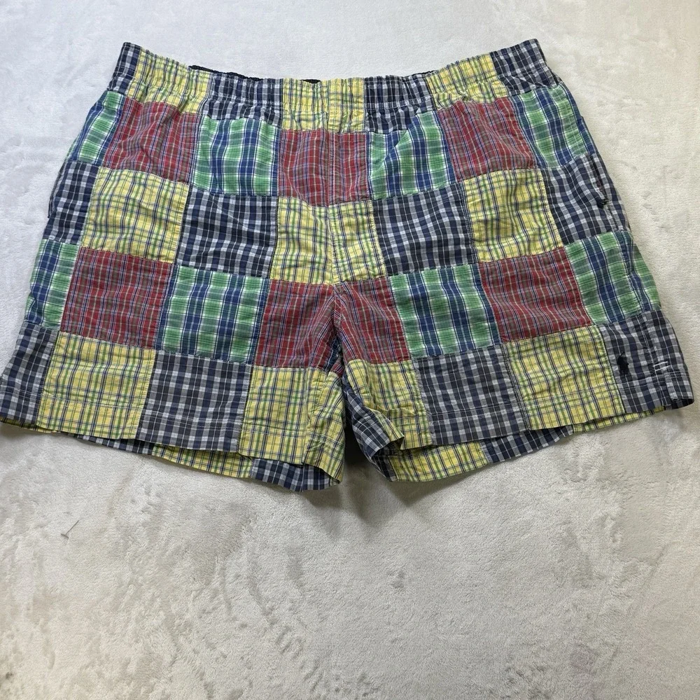 Polo Sport Ralph‎ Lauren Y2K Patchwork Madras Swim Trunks XXL VTG  6in Prepster